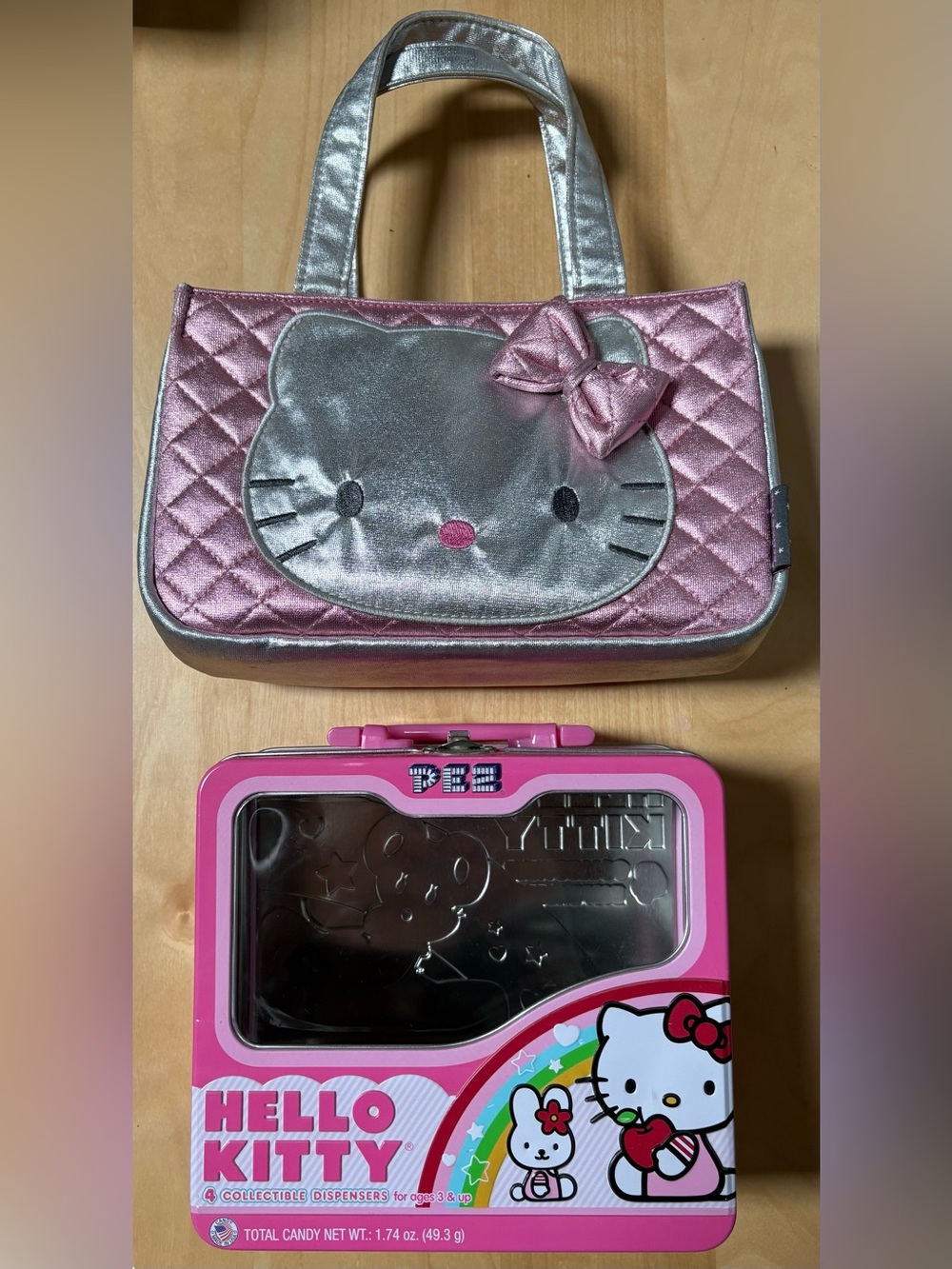 Hello Kitty Bundle of Pink and Silver Quilted Mini Handbag and Metal Lunchbox